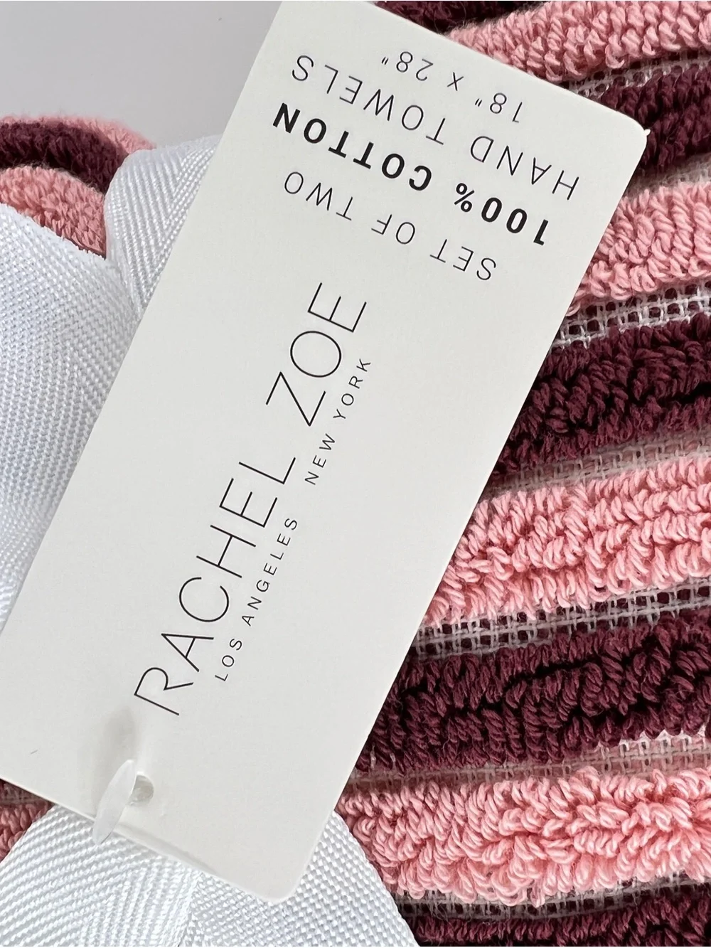 Rachel Zoe Pink & Burgundy Striped Cotton Hand Towels with Fringe 2 Pc Set NEW